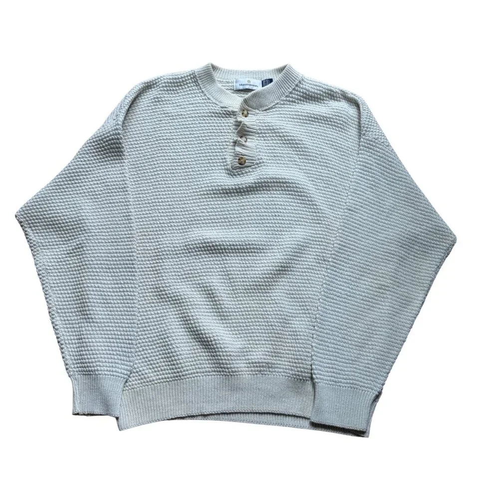 Vintage Henley Fisherman Pullover Sweater Munsingwear Size L Cream Waffle Knit